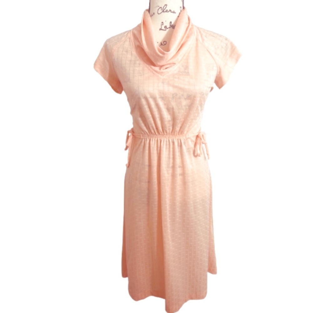 Vintage Midi Sundress Peach Cowl Neck Dress cap sleeves stretch size small